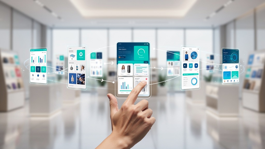 A hand interacting with a holographic interface, demonstrating content deployment across several digital screens in a modern setting.