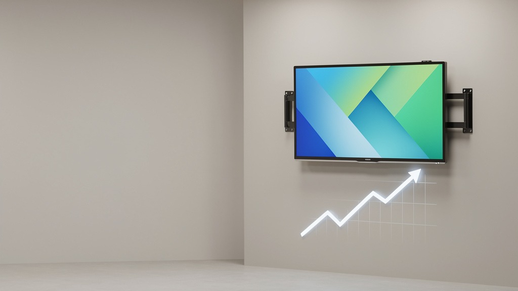A perfectly installed digital signage screen showing an abstract, vibrant graphic, with a subtle upward-trending graph beneath it, symbolizing good ROI.