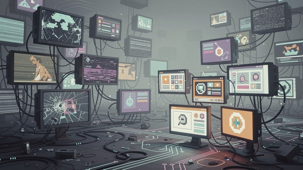 Illustrative image showing multiple digital screens, some displaying errors or outdated content, representing common digital signage management mistakes.