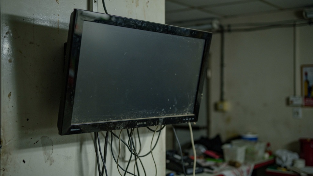 A digital signage screen that is noticeably crooked on its mount, with exposed, tangled wires, illustrating common installation errors.