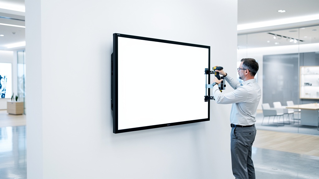A large, thin digital display being precisely mounted onto a white wall in a modern setting, highlighting the installation process.