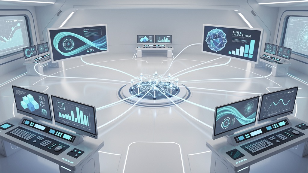 Abstract illustration of a central hub connecting multiple digital screens, representing digital signage content management.