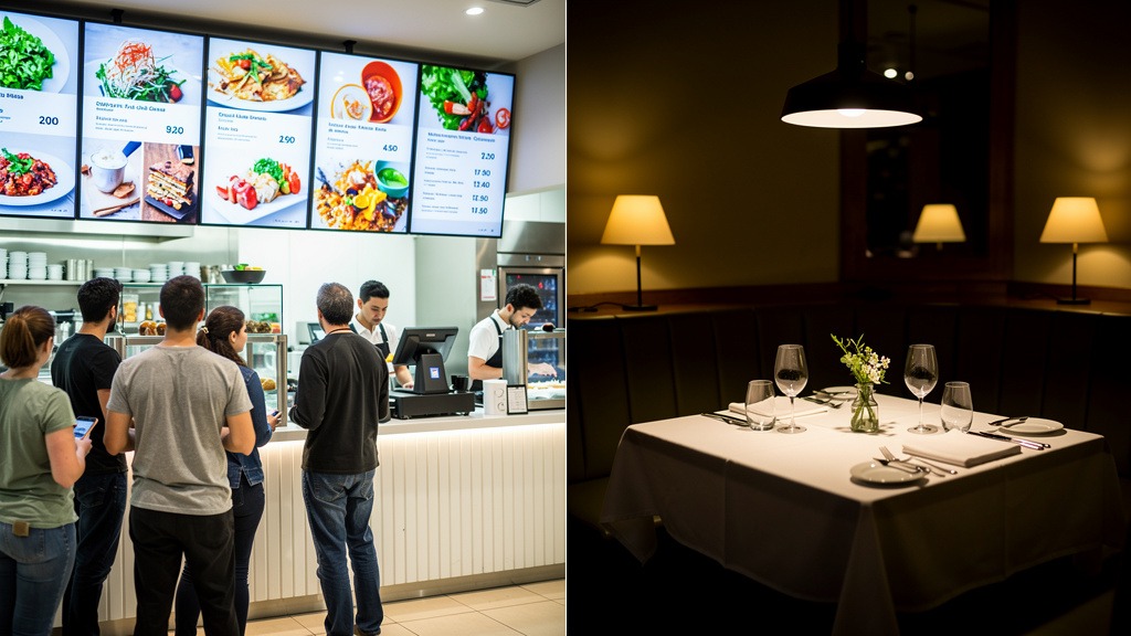 Side-by-side view of a busy casual counter with digital menu screens and a quiet fine-dining table without menu boards.