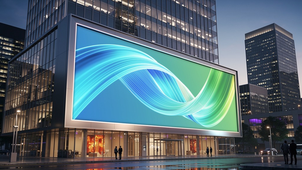 Large LED digital billboard showcasing dynamic abstract light patterns in a bustling city at dusk, representing energy efficiency in digital advertising.