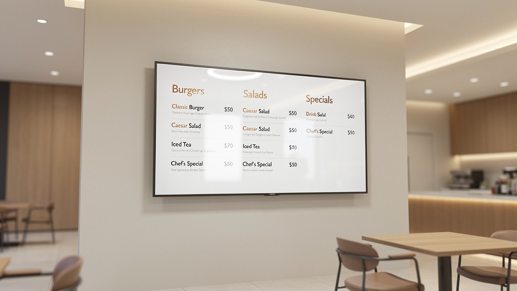 A sleek digital menu board displaying food items, integrated into a modern restaurant setting.