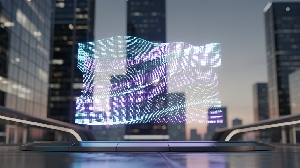 Abstract digital LED display with glowing pixels in a futuristic urban setting at dusk.