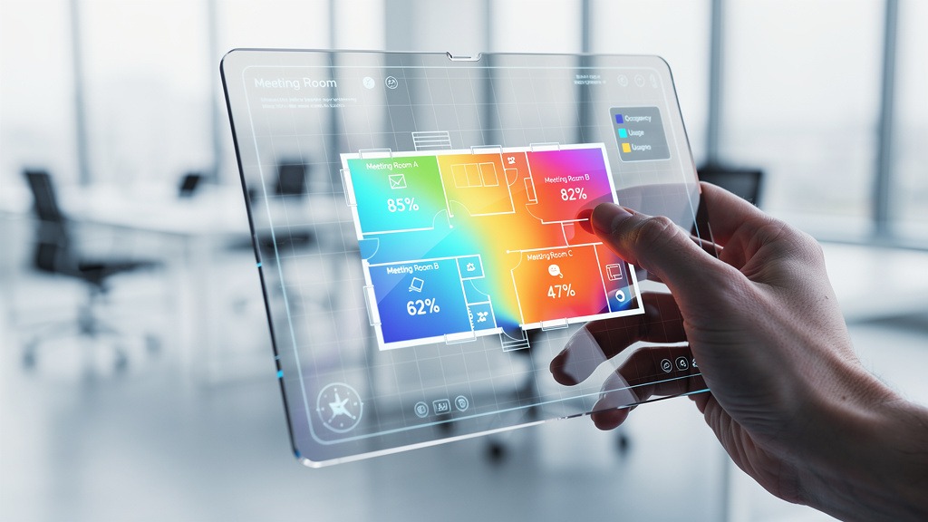 Hand interacting with a transparent tablet showing a heatmap of meeting room occupancy data.