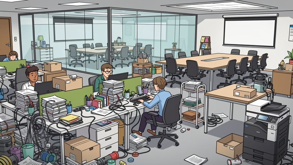 Illustration of an inefficient office layout with empty meeting rooms and crowded work areas, symbolizing optimization challenges.