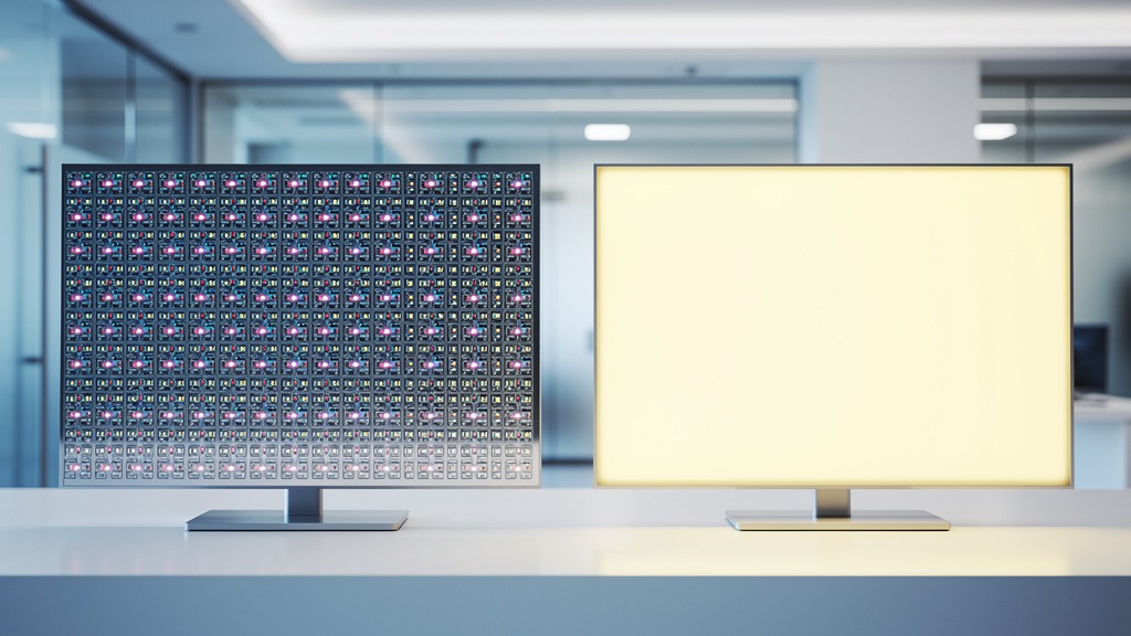 A split image comparing two types of LED screens: one with visible individual diodes and another with a smooth, uniform surface, set in a modern showroom.