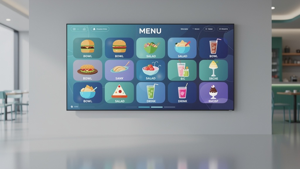 Sleek digital menu board with abstract food icons and bright color gradients in a modern restaurant setting.