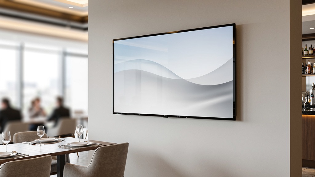 A modern digital menu board mounted on a wall in a contemporary restaurant setting.