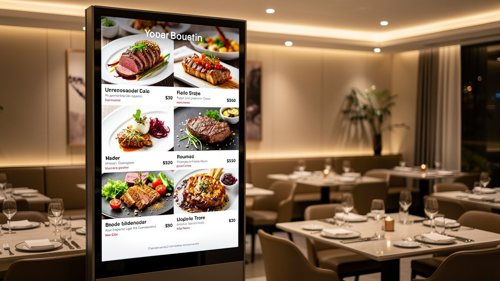 A sleek digital menu board showcasing delicious food items in a modern restaurant setting.