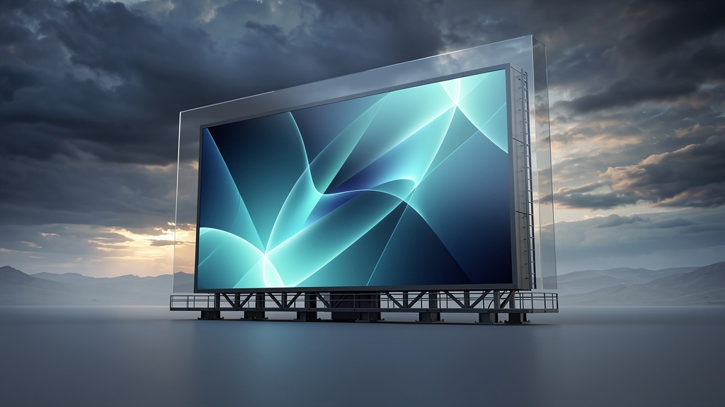 Large outdoor LED display with a subtle protective shield, set against a dramatic sky, illustrating resilience.
