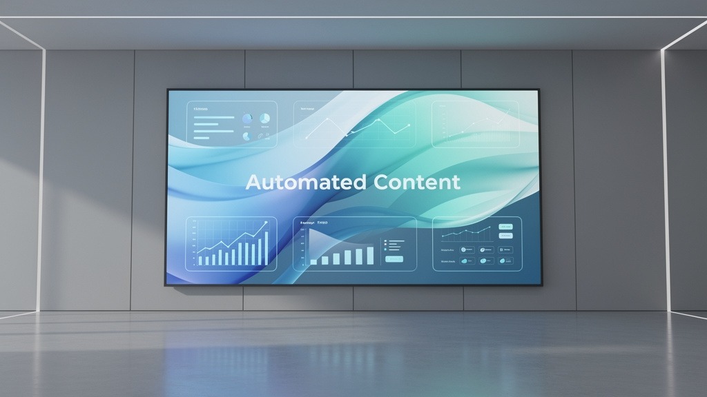 A sleek digital display showing dynamic abstract patterns, glowing softly in a modern, minimalist environment, symbolizing automated content.