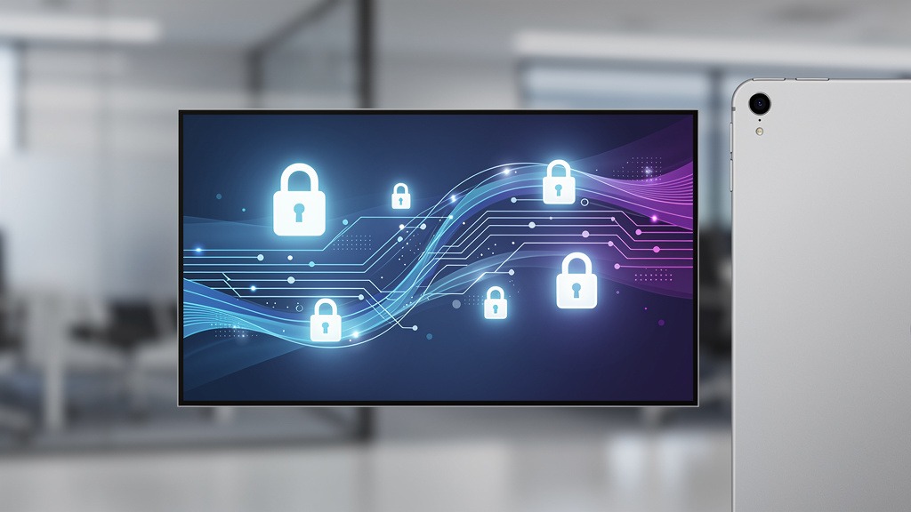 Digital signage screen with secure data streams and lock icons, subtly connected to an Apple device, representing data protection in digital signage.