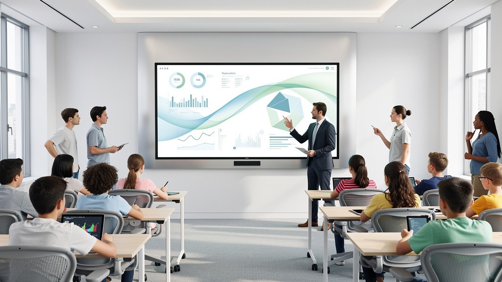 Students and a teacher interacting with a large, modern interactive digital display in a bright classroom setting, subtly suggesting Apple technology.