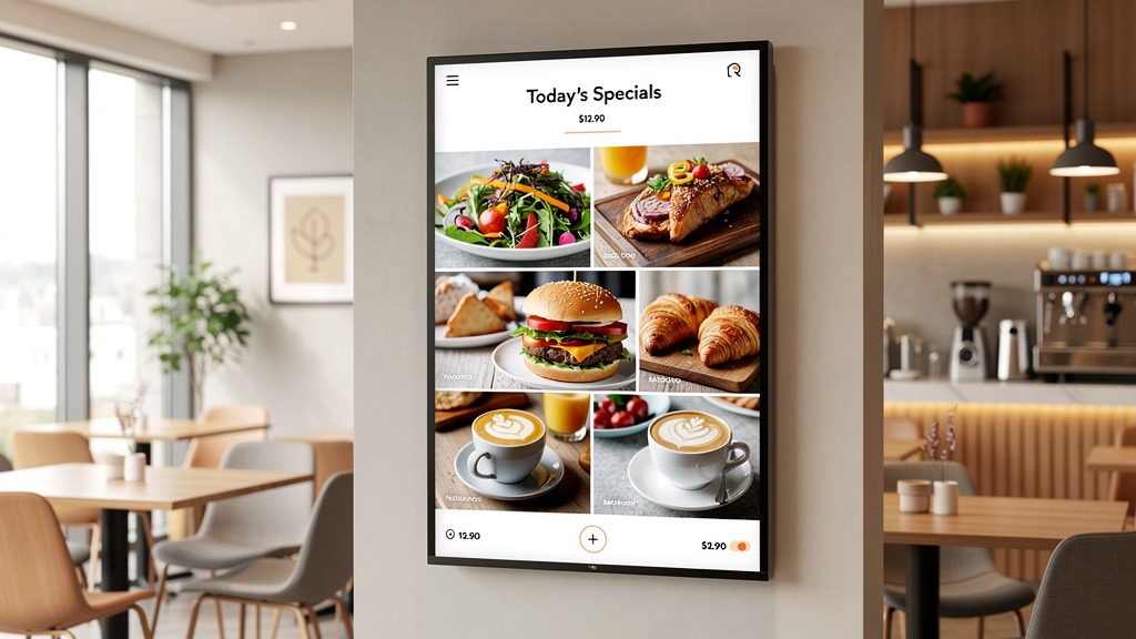 A large, modern digital display screen showing delicious food in a stylish cafe setting, representing digital signage consulting for hospitality.
