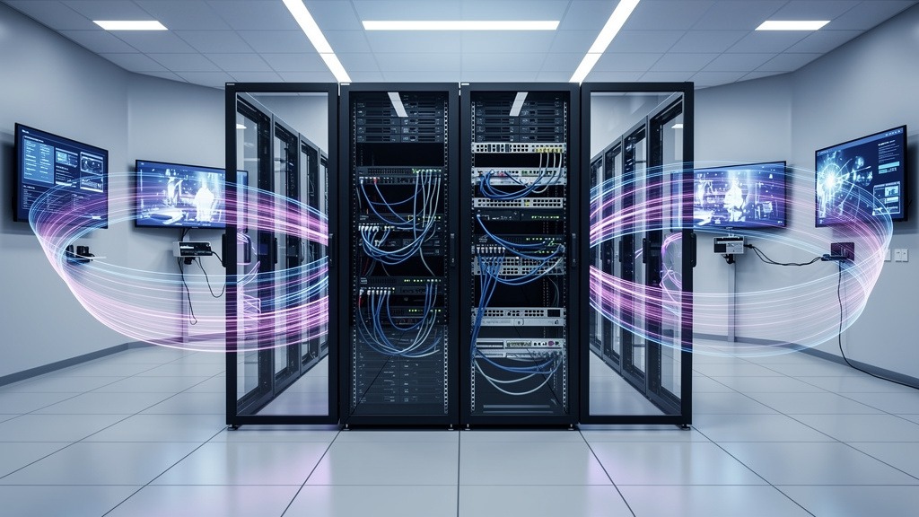 A wide shot of a modern server room with glowing network cables and equipment, symbolizing digital signage infrastructure.