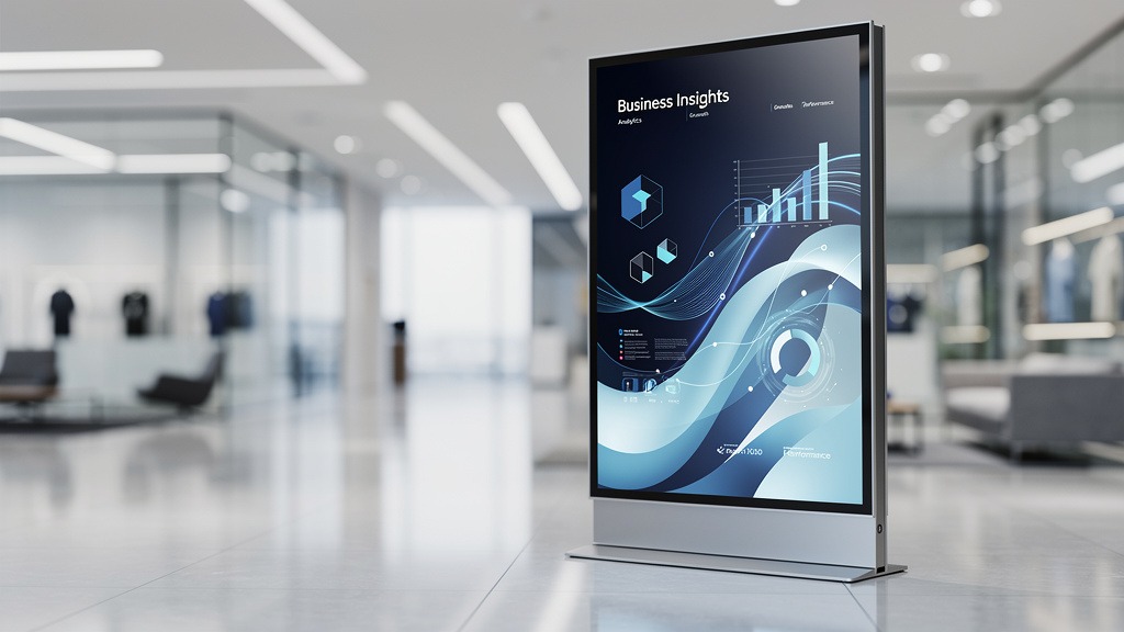 A modern digital signage display showing abstract graphics in a bright, contemporary office lobby, symbolizing business communication.