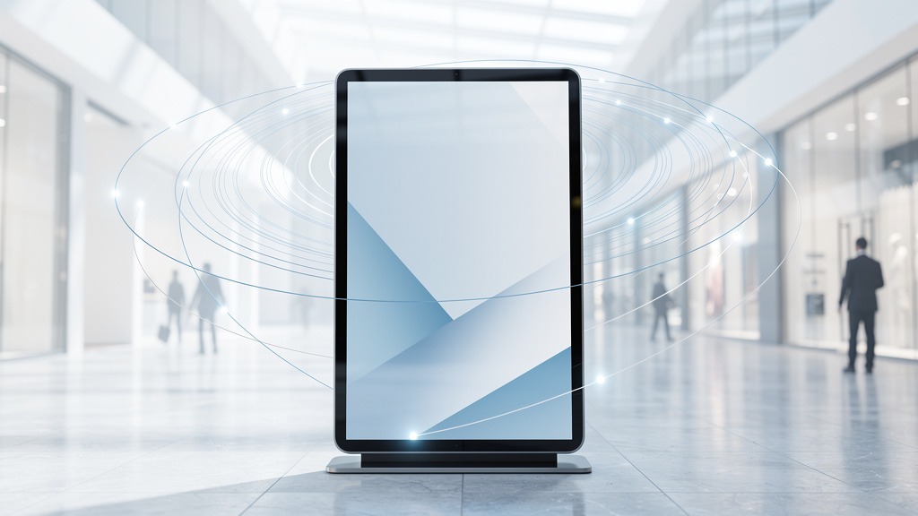 Modern digital signage display with abstract wireless network elements in a clean public space.
