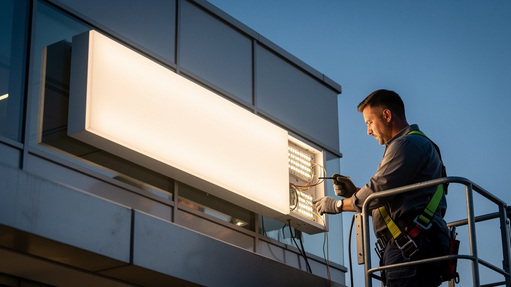 A technician in a high-visibility vest inspecting the wiring of a bright LED light sign mounted on a building facade at dusk.