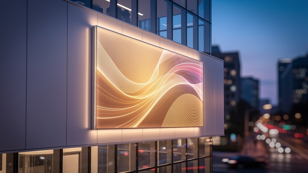 A modern light sign with dynamic light patterns illuminating a building facade at dusk in an urban setting.