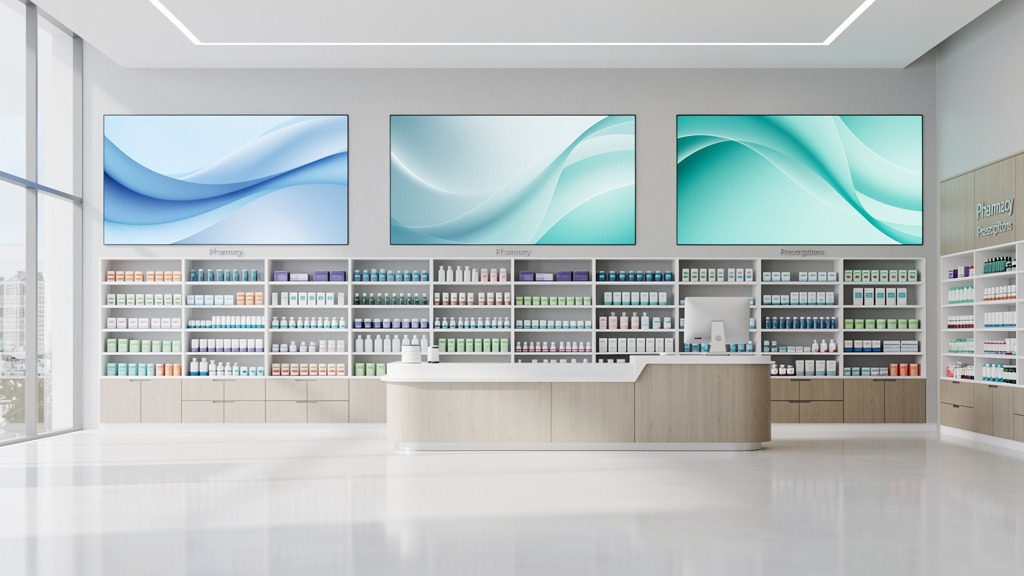 Modern pharmacy interior with digital screens showing calming abstract visuals, highlighting technology integration.