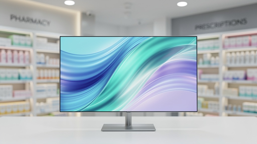 A large, modern digital display screen in a pharmacy setting, showing abstract, colorful graphics.