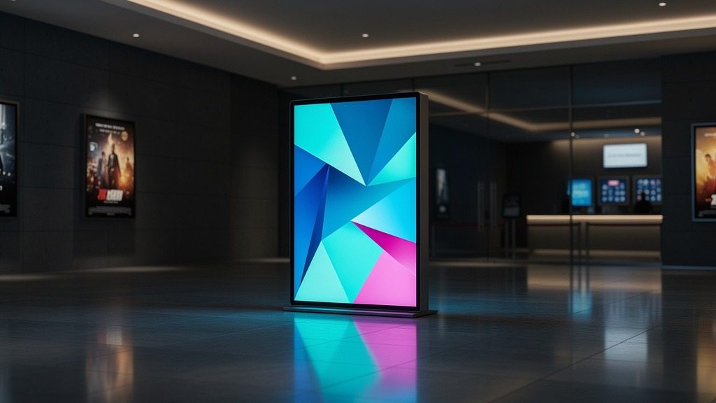 Modern digital signage display in a cinema lobby, showing abstract patterns.