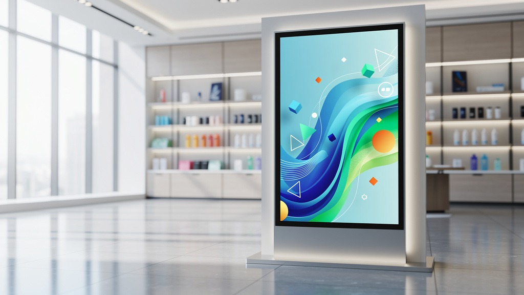 A large, modern digital display screen showing abstract retail graphics in a bright, contemporary store.