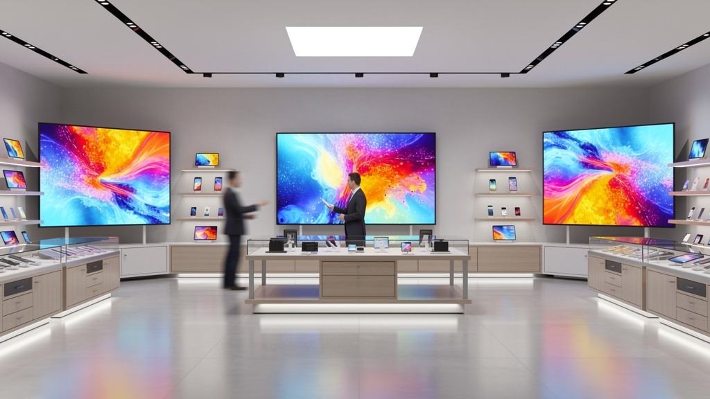 A modern retail store interior with multiple digital signage screens displaying colorful graphics, hinting at digital signage consulting for retail.