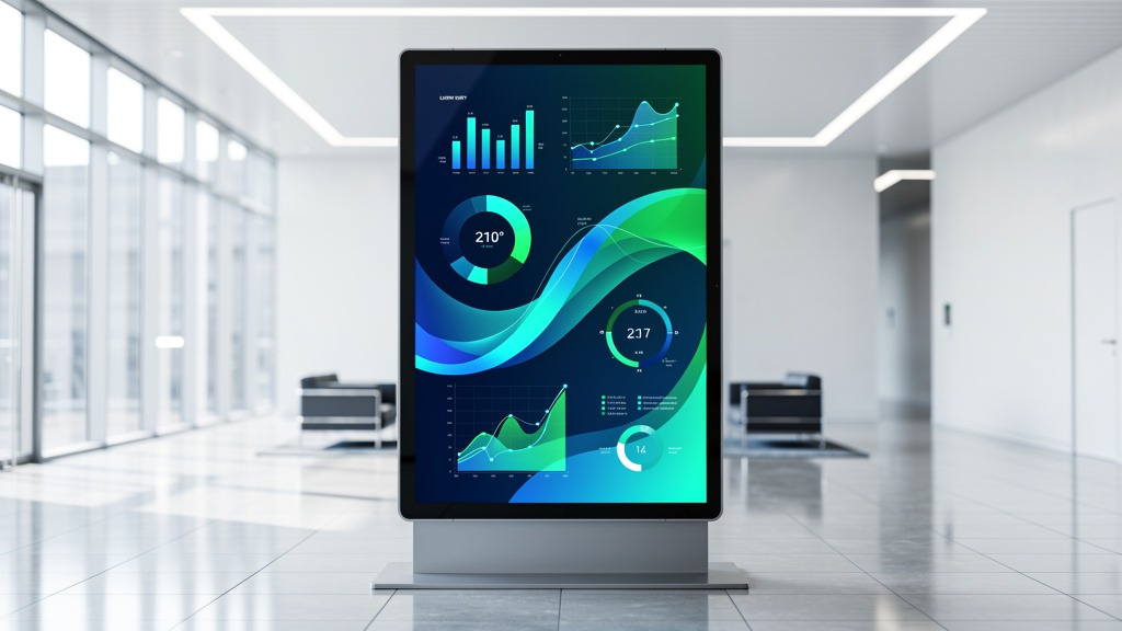 A modern digital signage display in a corporate or retail setting, showing vibrant abstract graphics, representing technology and data.