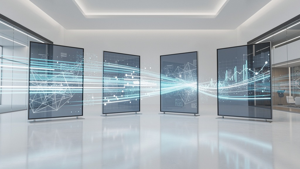 Abstract digital information flowing onto multiple sleek screens in a modern setting, symbolizing content strategy for digital signage.