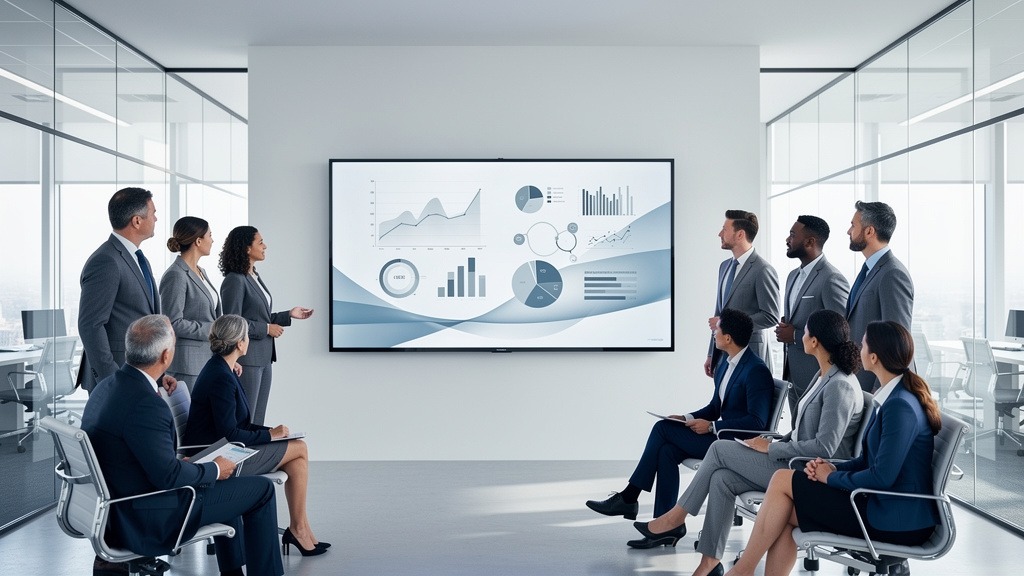 Business professionals collaborating around a large digital display in a modern office, discussing data visualizations.