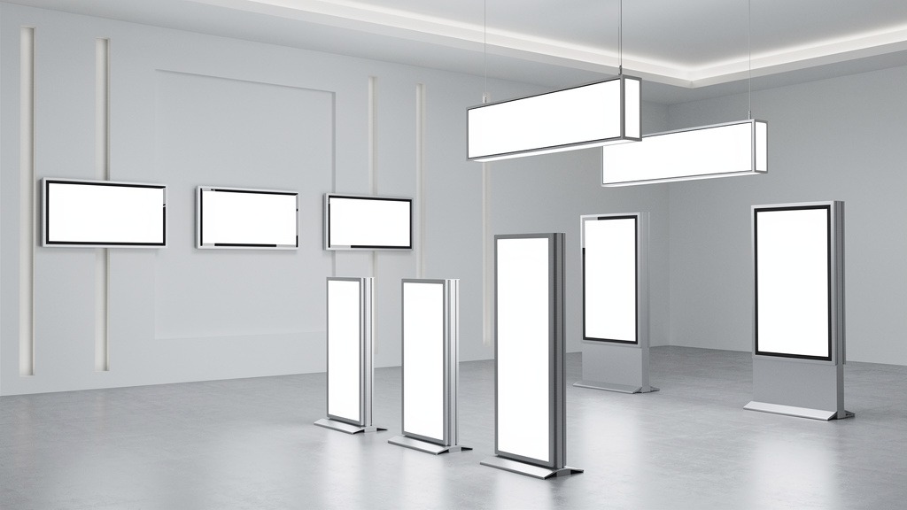 A collection of different lightbox types, including wall-mounted and freestanding, in a modern exhibition space.