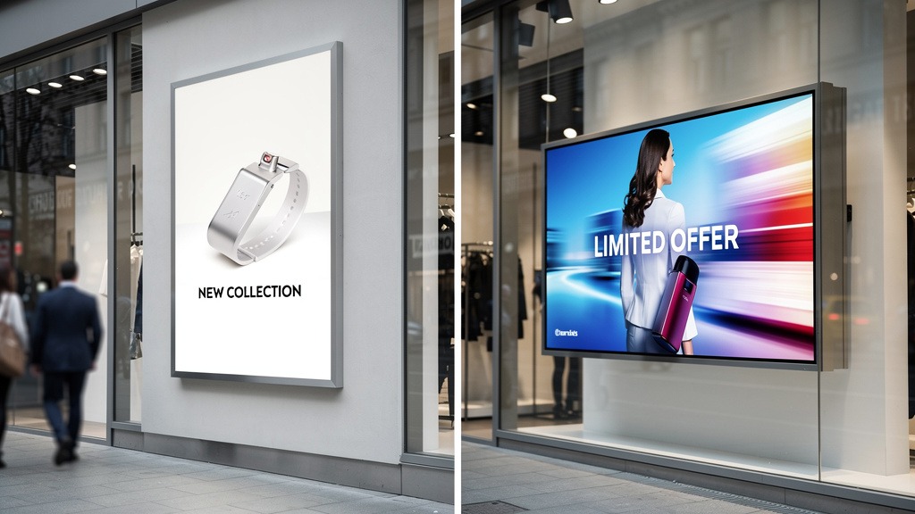 A side-by-side comparison of a traditional illuminated lightbox and a vibrant digital display screen on a modern building facade.