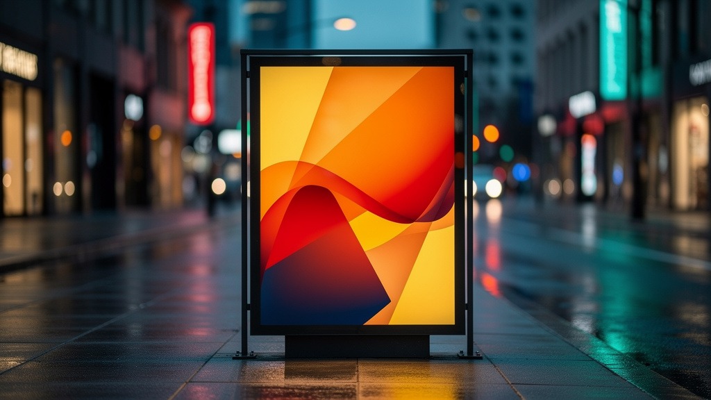 A brightly lit modern lightbox on a city street at dusk, showcasing an abstract graphic.