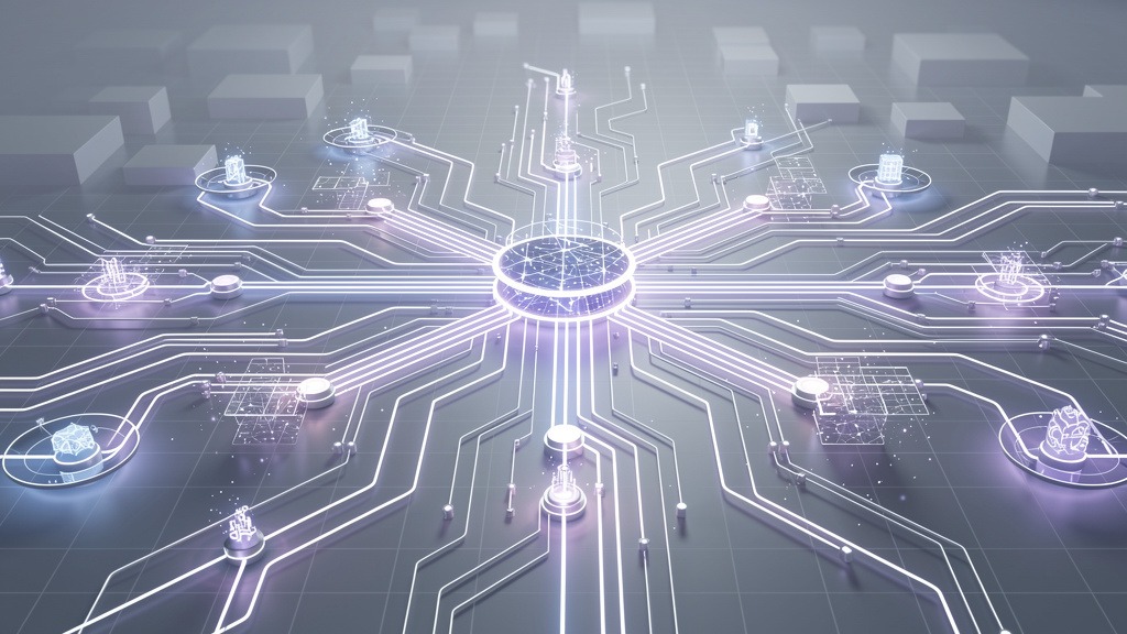 Abstract illustration of a glowing digital network, symbolizing interconnected digital signage infrastructure.