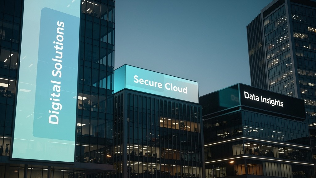 A modern city skyline at dusk with numerous glowing illuminated signs integrated into building architecture, showcasing digital business solutions.