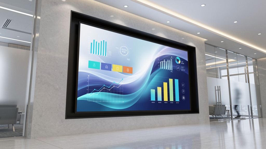 A large, modern digital screen integrated into a building's architecture, displaying colorful, abstract digital content.
