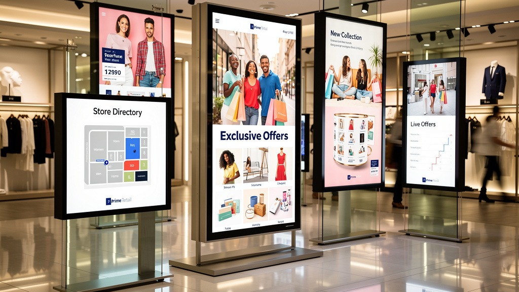 A dynamic array of digital signage screens in a retail store, showing various promotional content to attract customers.