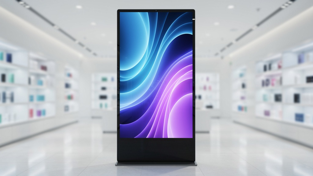A modern digital retail display showing colorful abstract graphics, set in a bright, contemporary store.