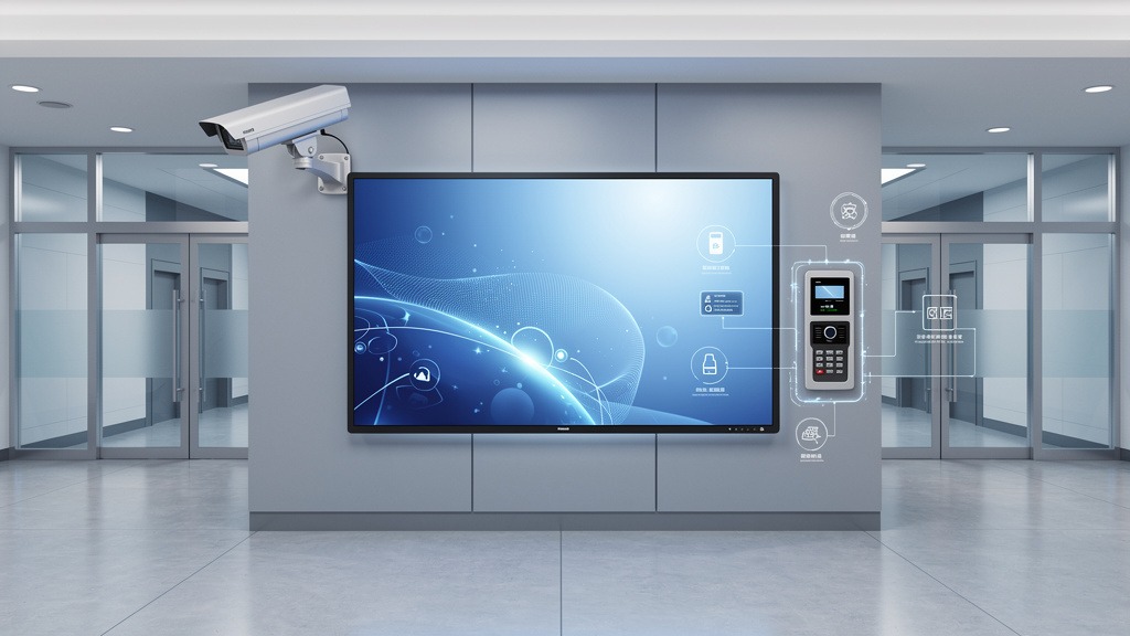 Digital display screen seamlessly integrated with a surveillance camera and an access control panel in a clean, modern lobby.