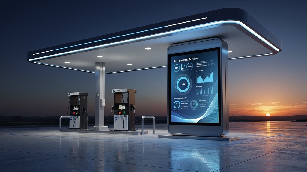 Modern digital display at a futuristic gas station at dusk, symbolizing digital signage consulting for fuel stations.