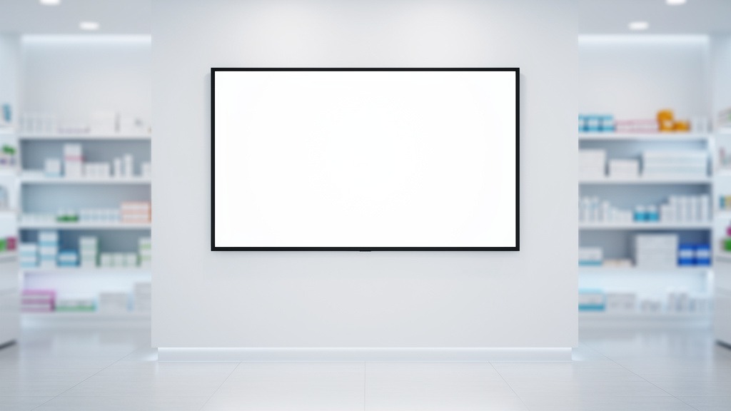 Modern pharmacy interior with a large, blank digital display screen integrated into a white wall, showcasing potential for digital signage.