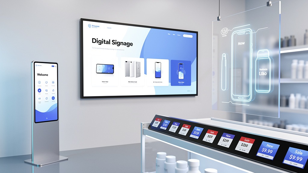 A visual representation of various digital signage hardware types, including large displays, kiosks, and transparent screens, in a modern retail environment.
