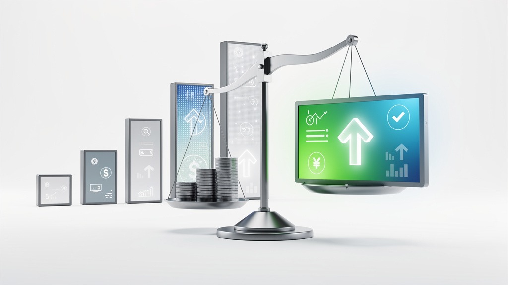 An abstract illustration representing the cost and return on investment (ROI) of digital signage, showing financial growth and value.