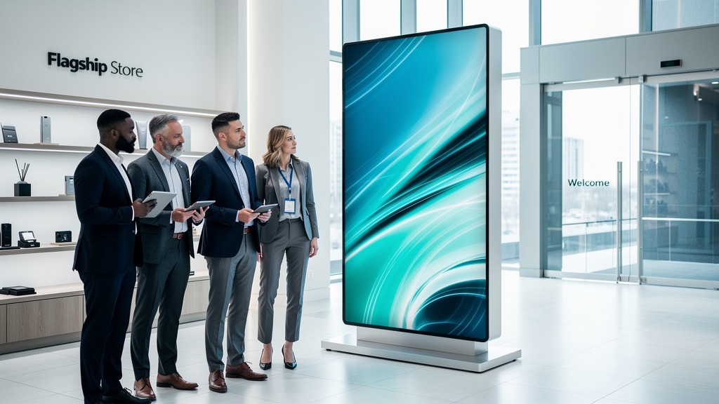 A group of professionals discussing digital signage in a modern retail store, with a large digital display in the background.