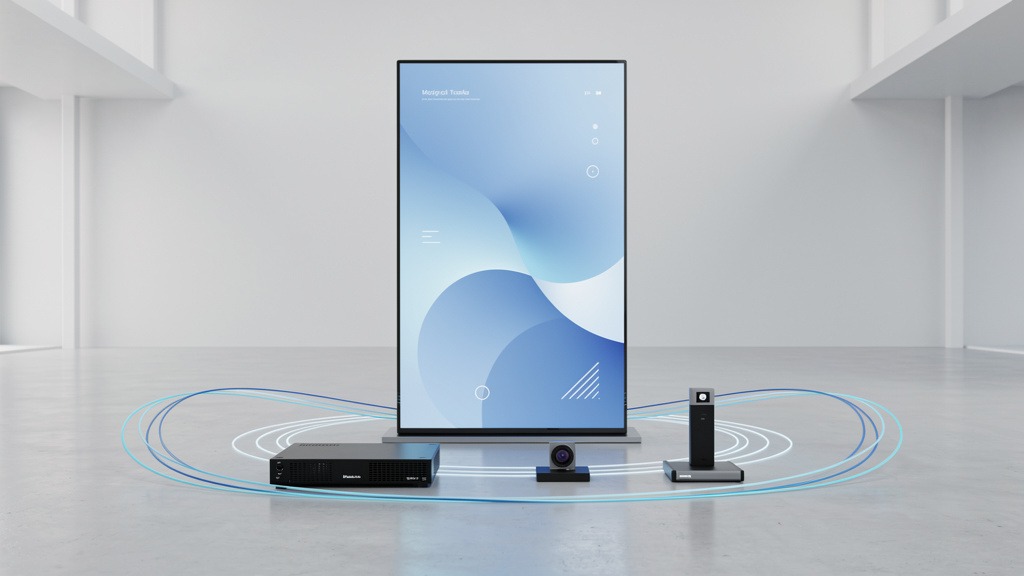 A digital signage screen with interconnected peripheral devices like a media player and sensors, set in a modern, minimalist environment.