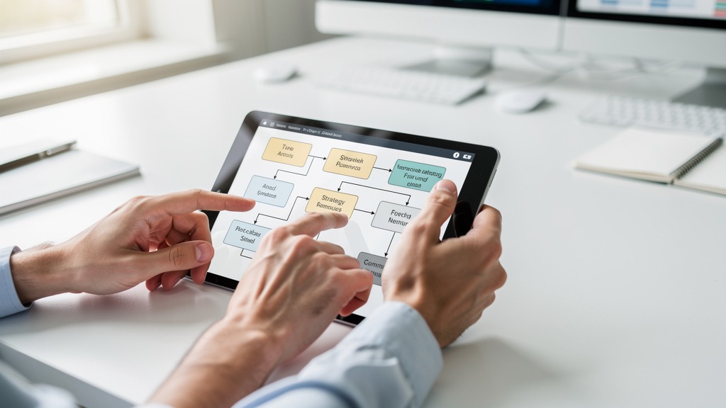 Hands interacting with a digital tablet showing a security incident response flowchart, symbolizing planning and development.